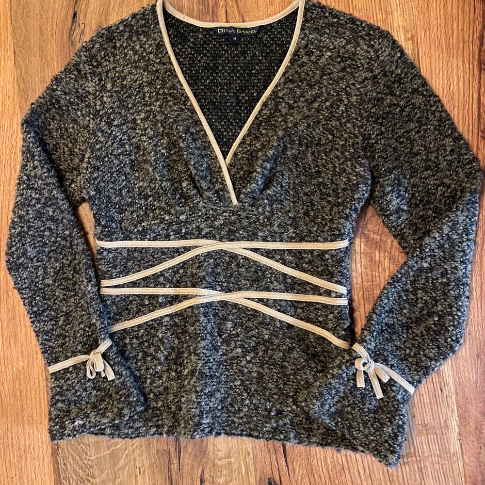 Dina Bar-El Brown V-Neck Sweater w/ Exquisite Details, Side Zipper, Size Medium